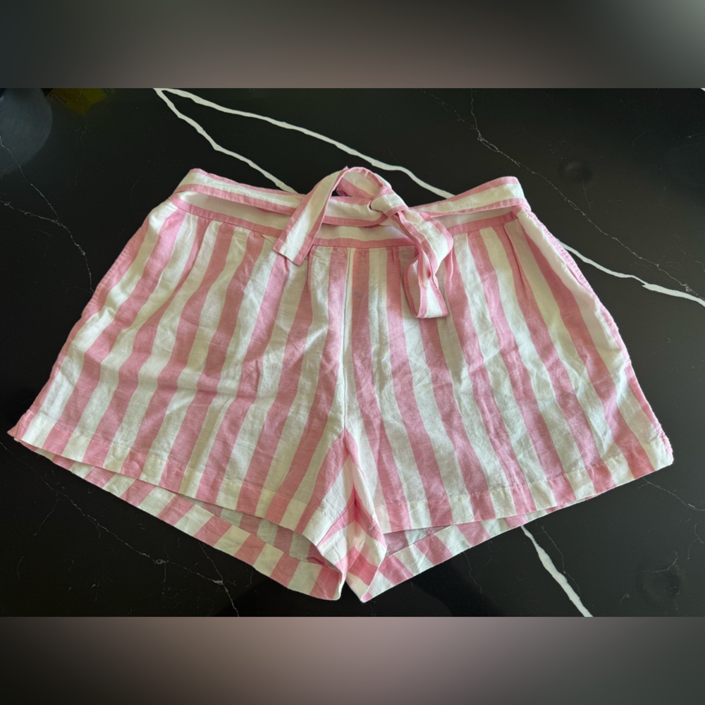 J. Crew Pink and White Striped Elastic Waist Linen and Cotton Shorts